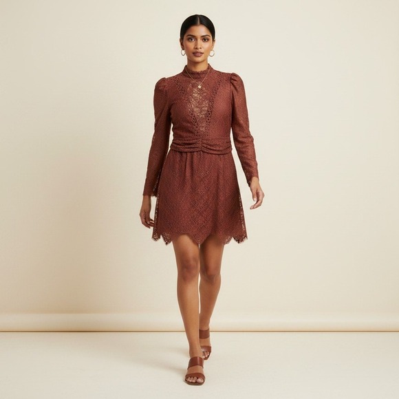 SAYLOR Dresses & Skirts - Saylor Celia Russet Lace Mock Neck Mini Dress Long Sleeve Puff Shoulder XS